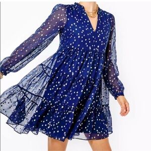 Lilly Pulitzer Sarita Silk Dress Navy Gold Metallic Silk Clip Size 10
